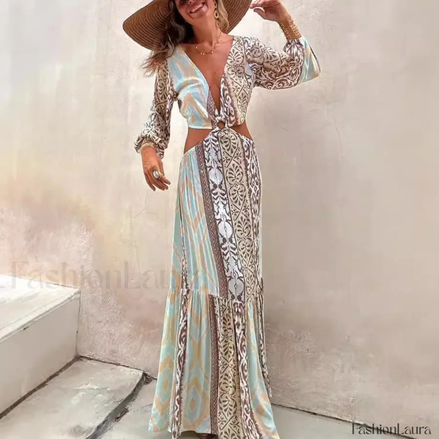 Hollow-Splicing Long-Sleeve Boho Dress
