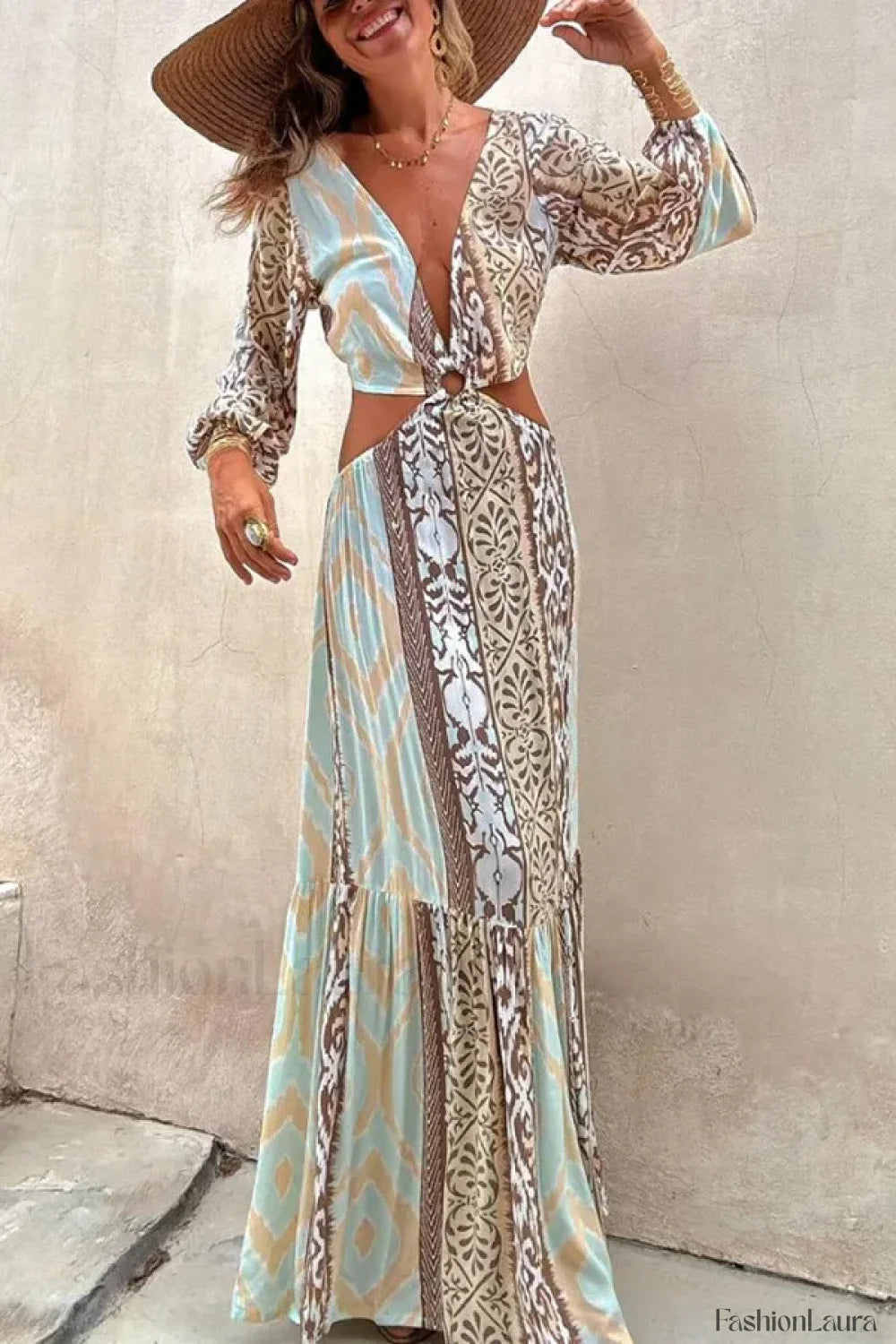 Hollow-Splicing Long-Sleeve Boho Dress