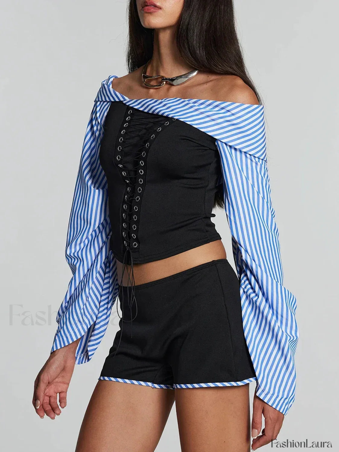 Hot Striped Bandage Shorts Two Piece Set