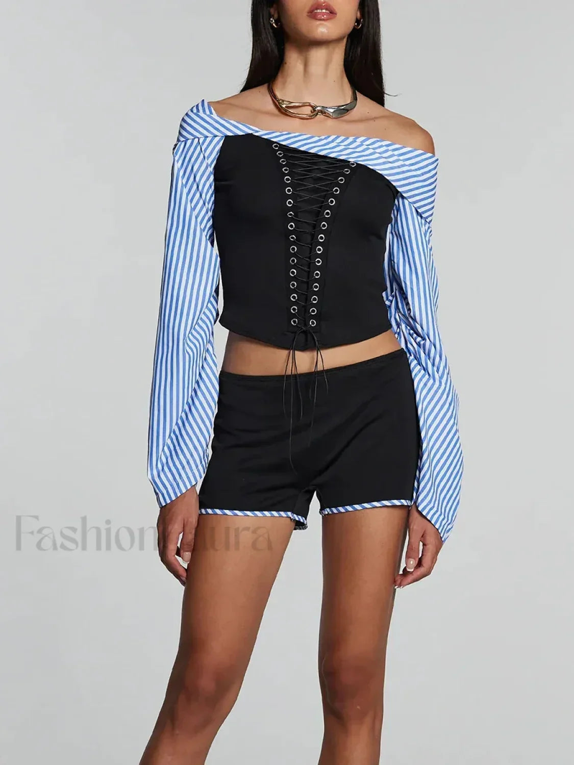 Hot Striped Bandage Shorts Two Piece Set BLACK / S