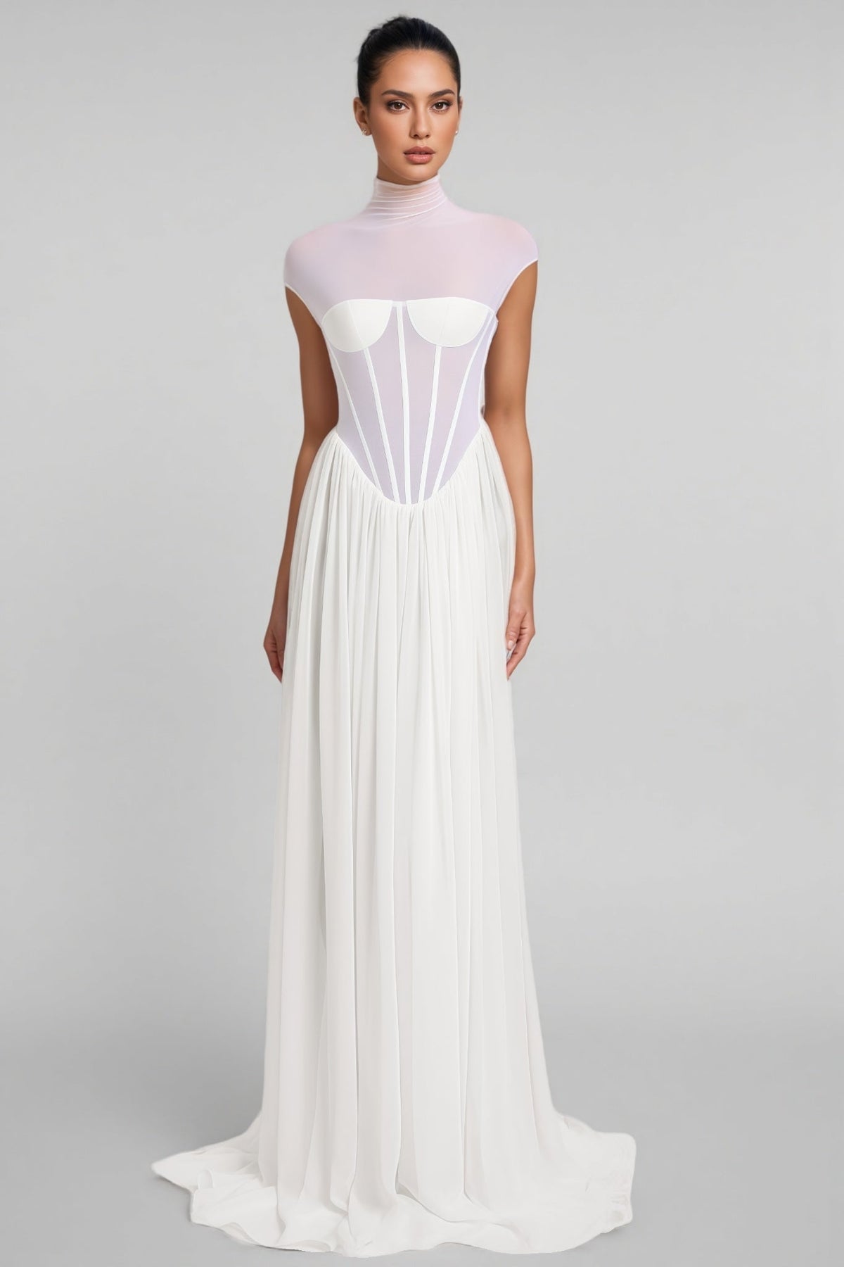 Sheer Mesh Mock Neck Cap Sleeve Corset Bodice Chiffon Maxi Gown