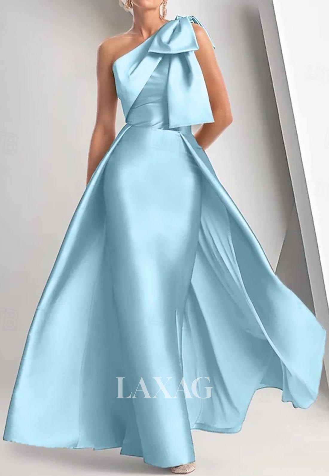Asymmetrical-Neck Sleeveless Mermaid Evening Dress One-Shoulder Satin Formal Gowns with Bow