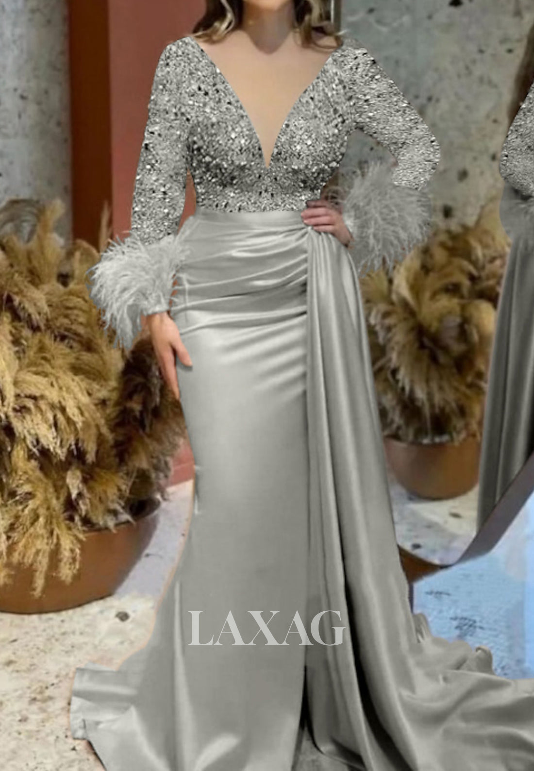 Deep V-Neck Long Sleeves Sequined Beaded Fringed Pleated Mermaid Prom Dress with Sweep Train