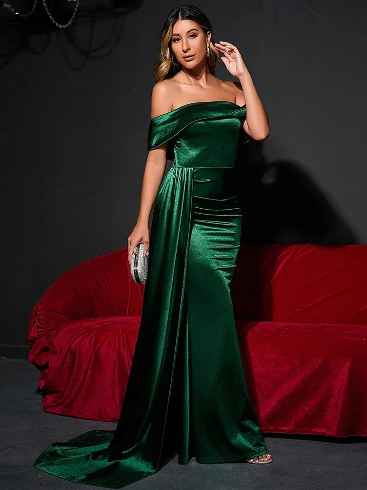Satin Off Shoulder Ruched Draped Train Mermaid Maxi Gown 6