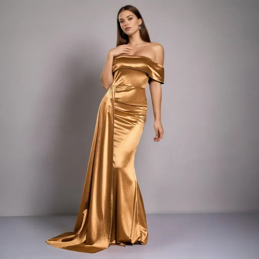 Satin Off Shoulder Ruched Draped Train Mermaid Maxi Gown 7