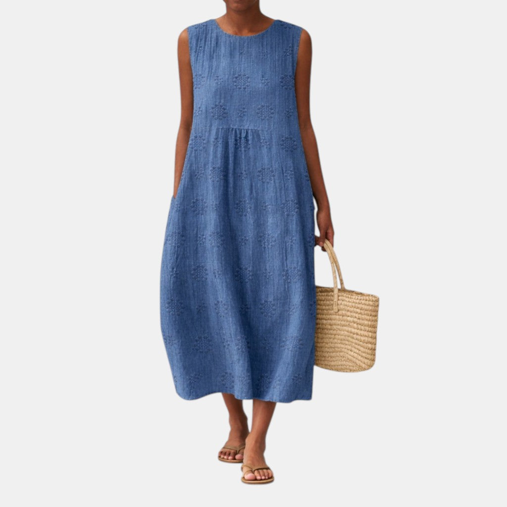 Eyelet Crew Neck Sleeveless Midi Dress