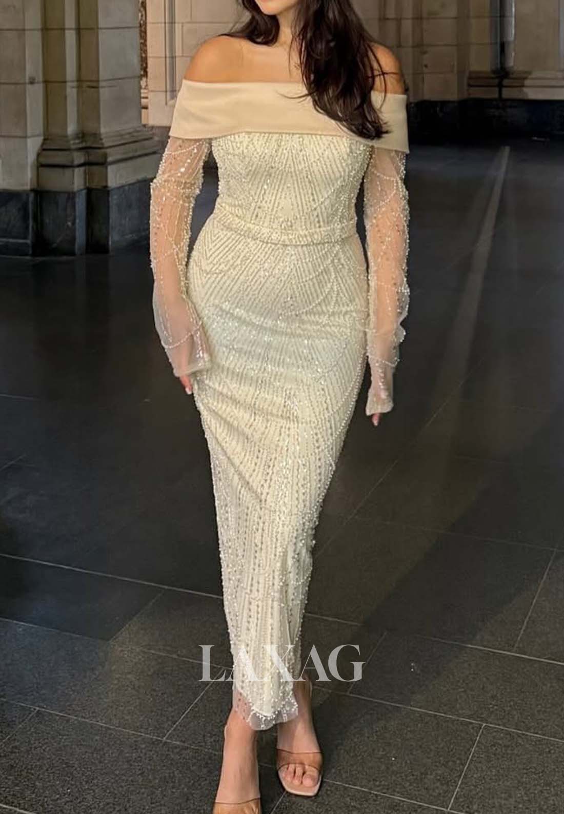 Tube Top Long-Sleeves Fully Beaded Evening Dress Off-Shoulder Pleated Ankle-Length Formal Gowns