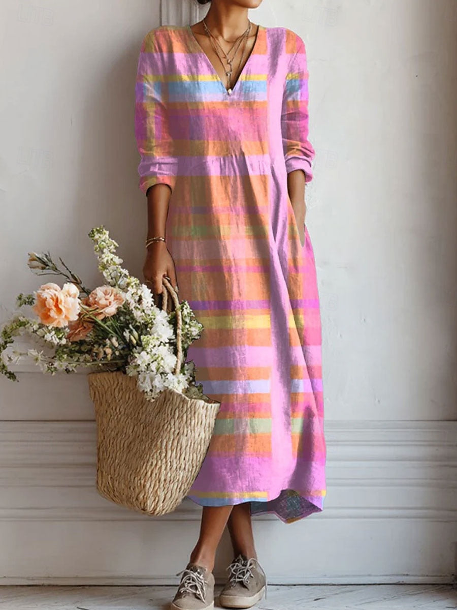 Plaid V-Neck Long Sleeve Linen Look Maxi Dress