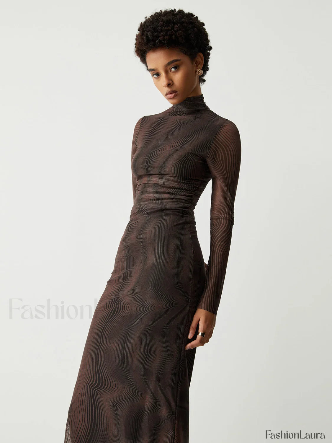 Illusion Tulle Print Mock Modern Neck Mesh Midi Dress