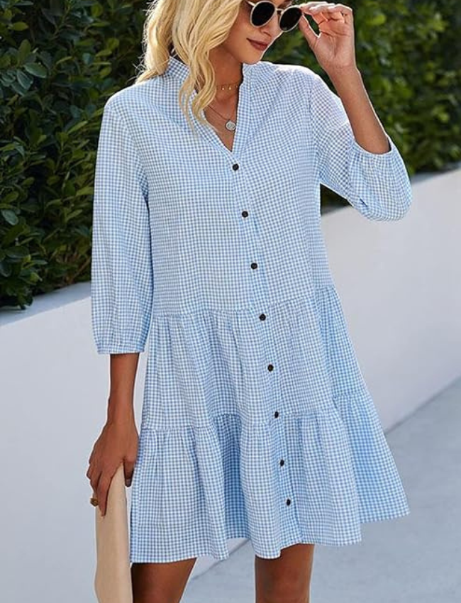Omaira Checked Stand-up Collar Dress for Women Vacation Beach Look