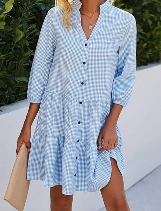 Omaira Checked Stand-up Collar Dress for Women Vacation Beach Look