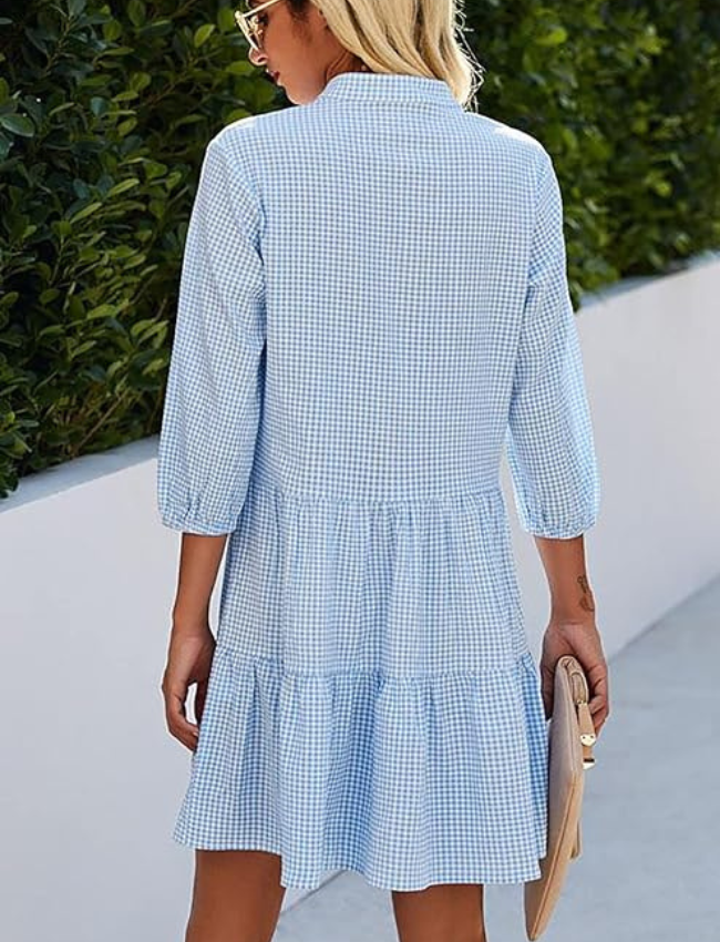 Omaira Checked Stand-up Collar Dress for Women Vacation Beach Look