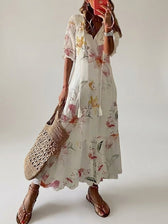 Floral V-Neck Short Sleeve Maxi Dress