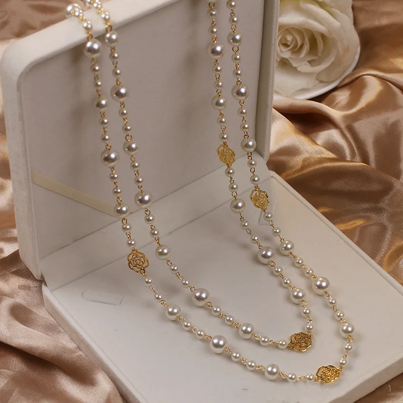 Layered Pearl Beaded Rose Station Long Necklace