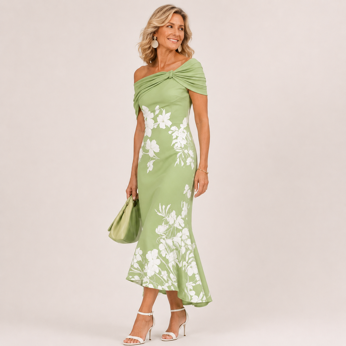 Floral Off Shoulder Twist Front Mermaid Midi Dress
