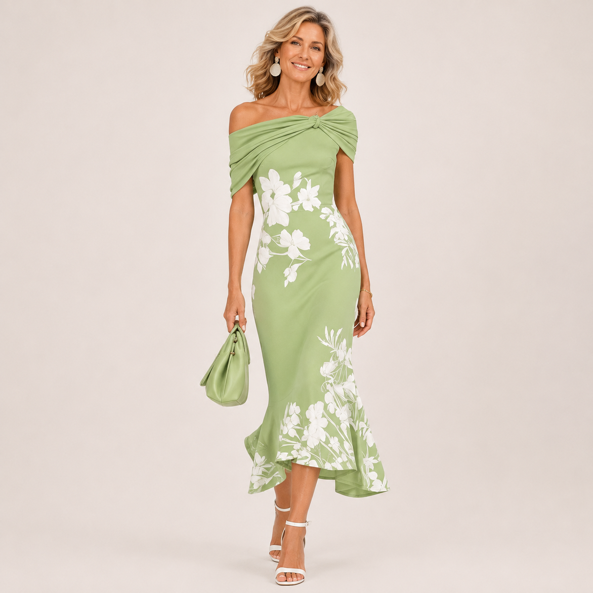 Floral Off Shoulder Twist Front Mermaid Midi Dress
