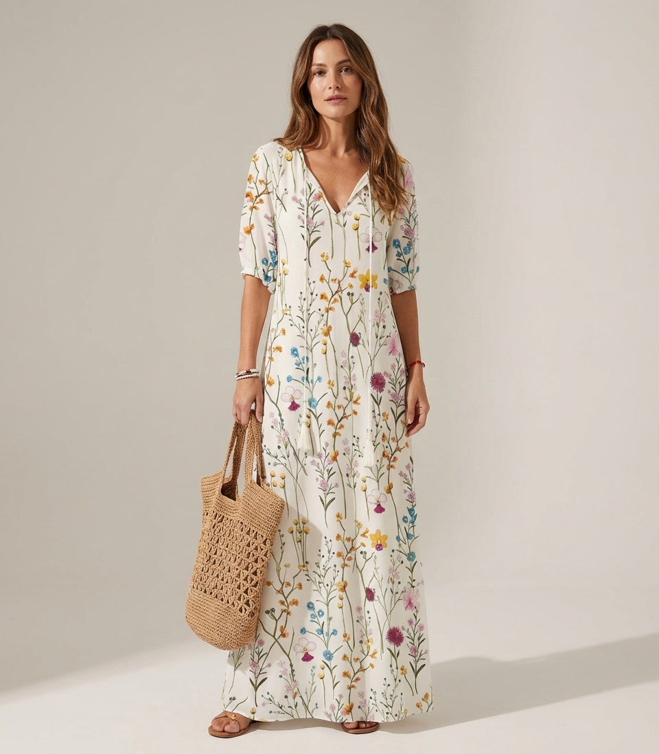 Floral V-Neck Short Sleeve Maxi Dress 4
