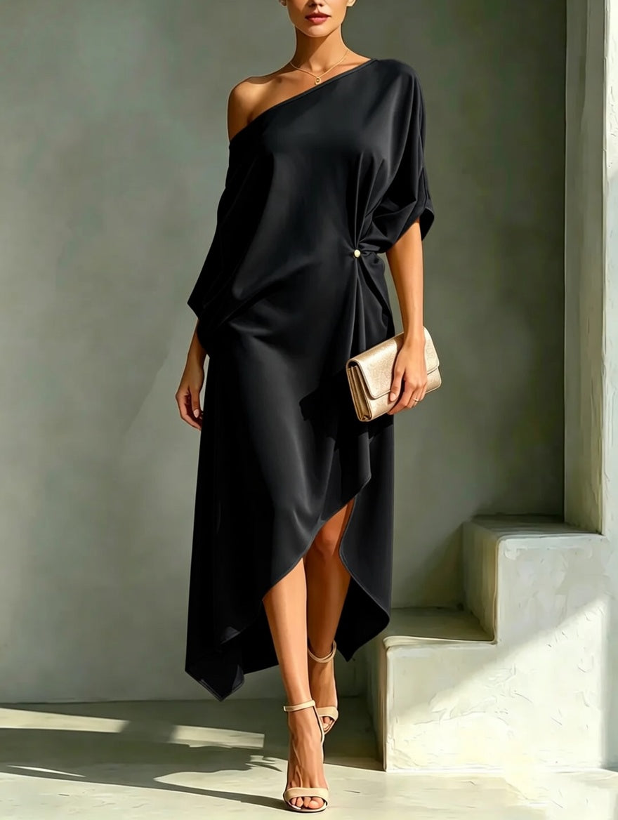 One Shoulder Batwing Sleeve Asymmetric Hem Midi Dress 5
