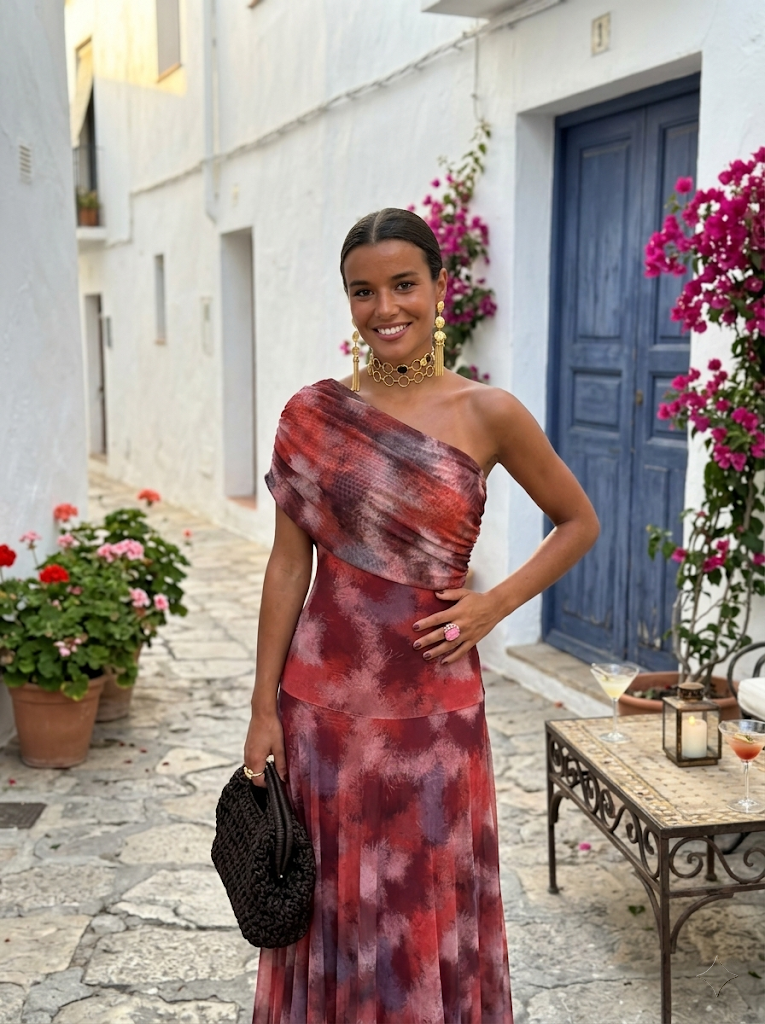 Abstract Print Chiffon One Shoulder Ruched Maxi Gown