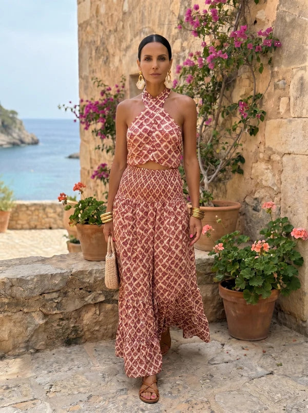Geometric Print Halter Crop Top and Tiered Maxi Skirt Two Piece Set