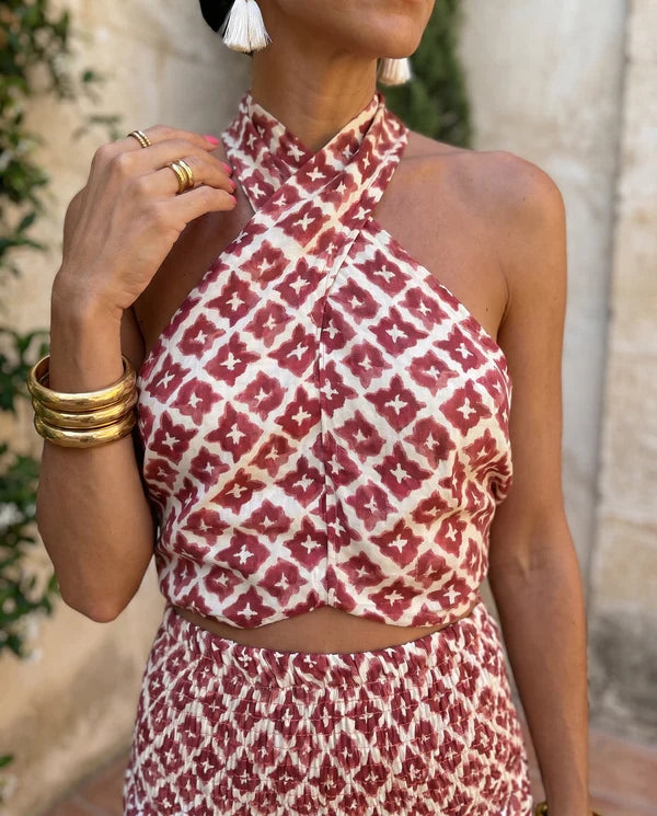 Geometric Print Halter Crop Top and Tiered Maxi Skirt Two Piece Set