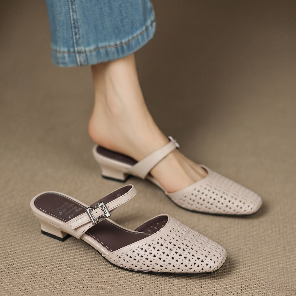 Square Toe Cut Out Buckle Block Heel Mules
