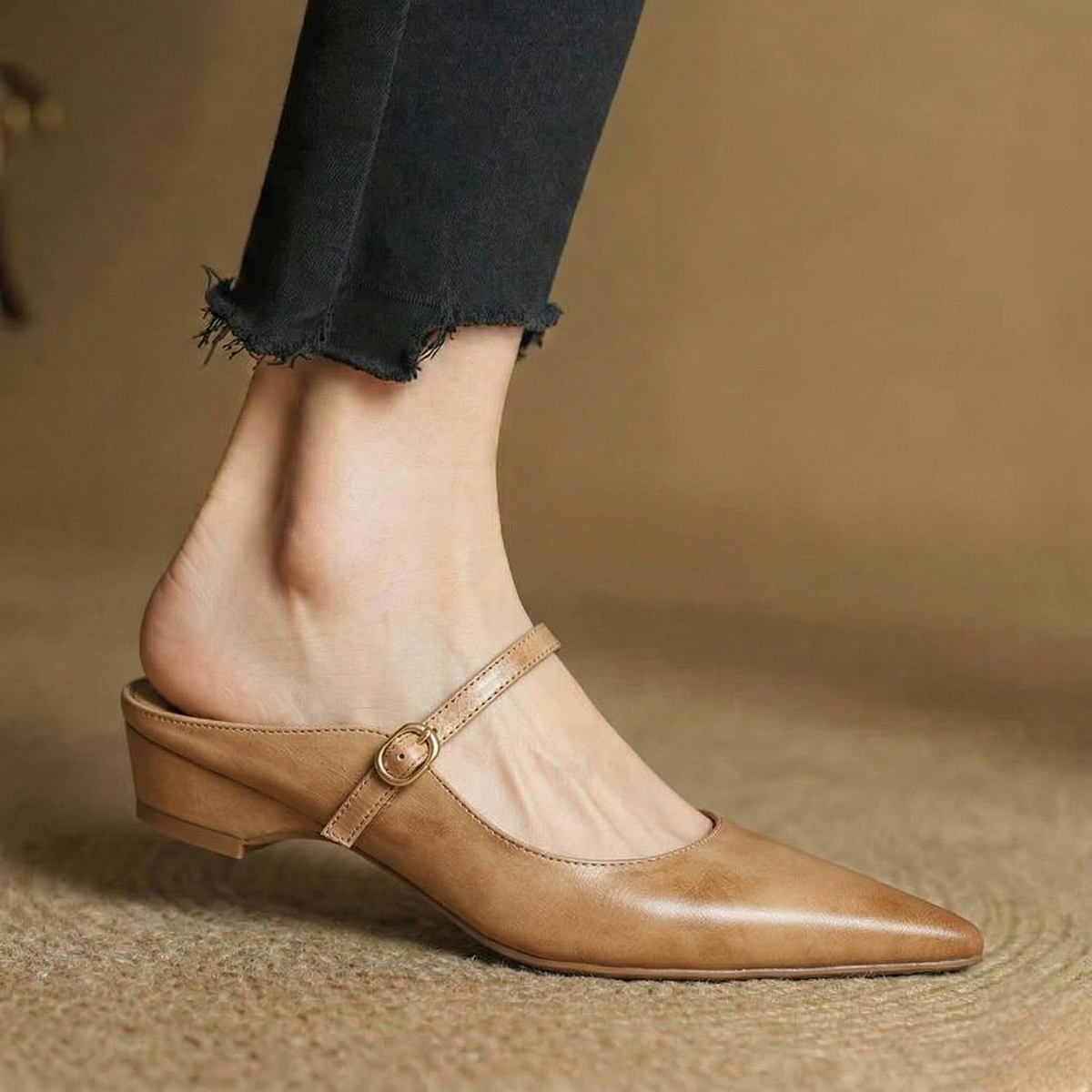 Pointed Toe Ankle Strap Mary Jane Flat Mules