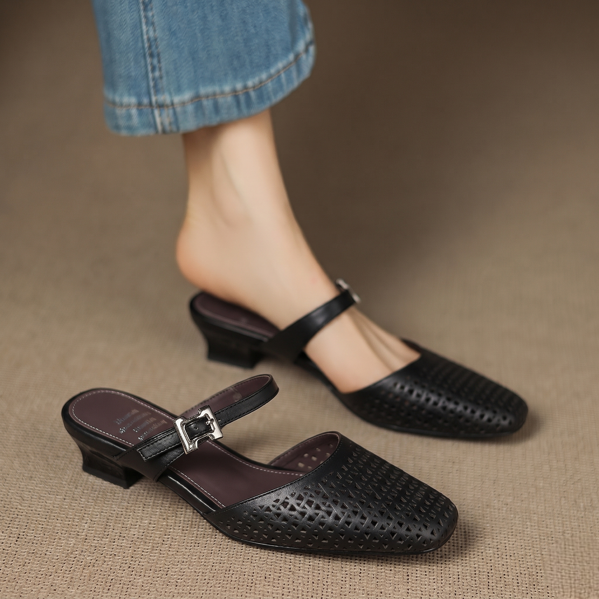 Square Toe Cut Out Buckle Block Heel Mules