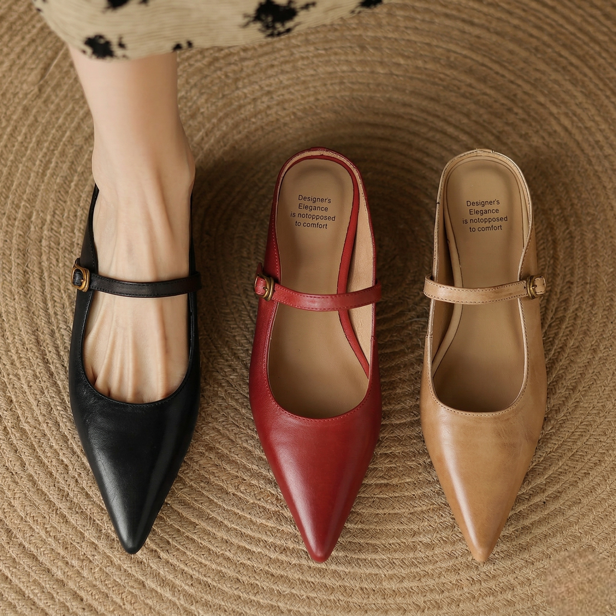 Pointed Toe Ankle Strap Mary Jane Flat Mules