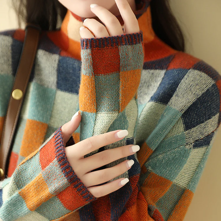 Checkerboard Mock Neck Oversized Knit Sweater