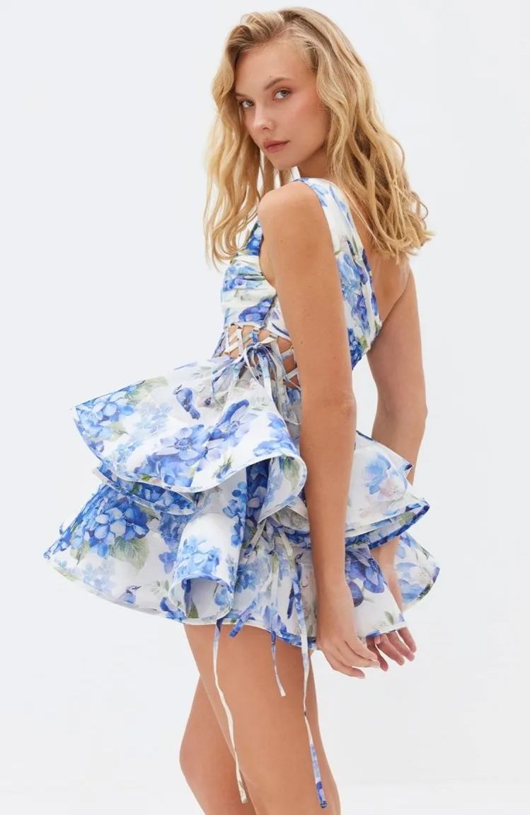 Floral One Shoulder Lace Up Tiered Ruffle Mini Dress 3