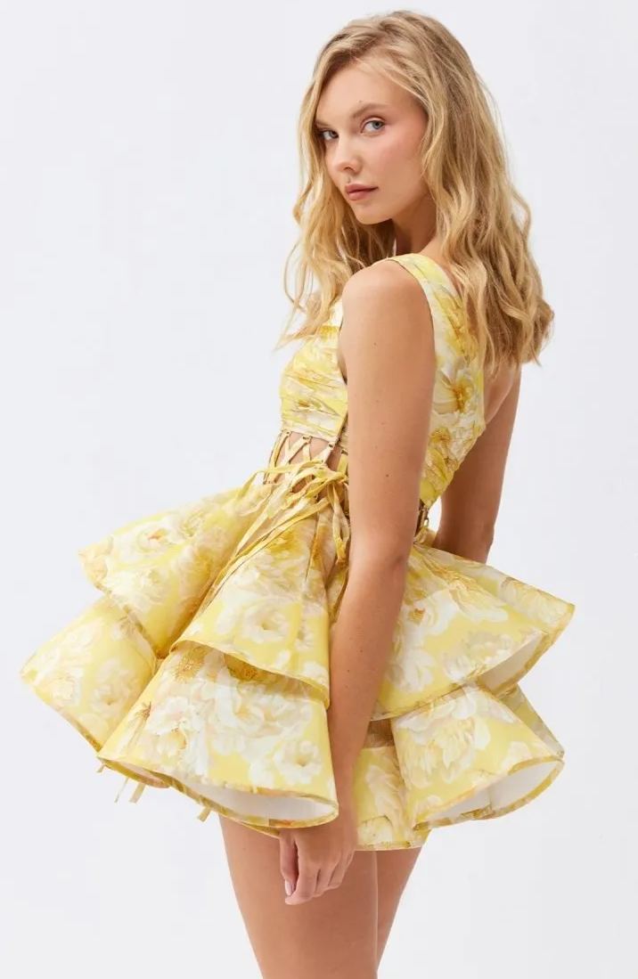 Floral One Shoulder Lace Up Tiered Ruffle Mini Dress 9