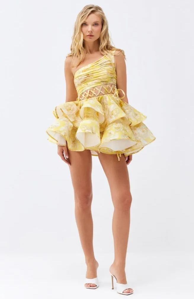 Floral One Shoulder Lace Up Tiered Ruffle Mini Dress 10