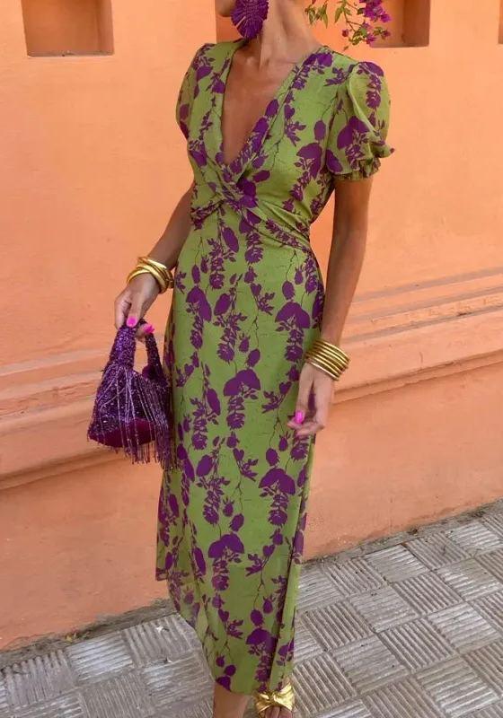 Printed long dress elegant slim v-neck short sleeve dress Green