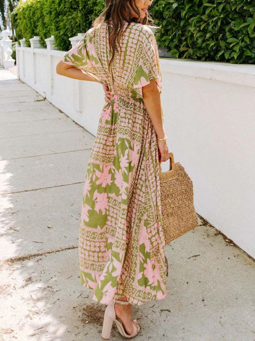 Floral Plunge Half Sleeve Dress