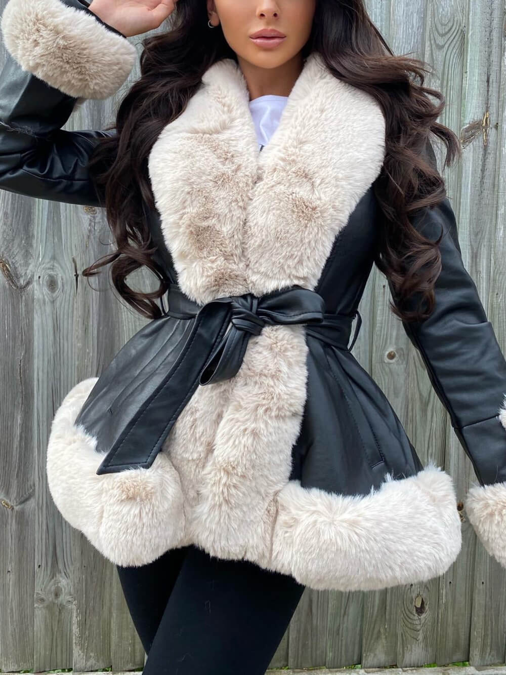 Faux Fur Trim Belted Faux Leather Peplum Jacket