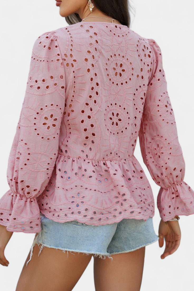 Eyelet Lace Tie Neck Long Sleeve Peplum Blouse