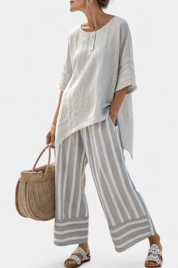 Short Sleeve Asymmetric Hem Top and Striped Wide Leg Pants Two Piece Set