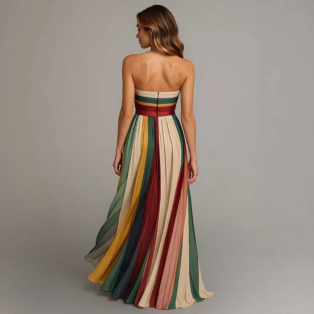 Striped Pleated Strapless Flowy Maxi Dress
