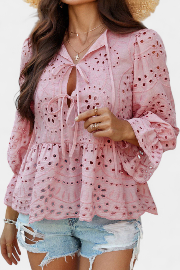 Eyelet Lace Tie Neck Long Sleeve Peplum Blouse