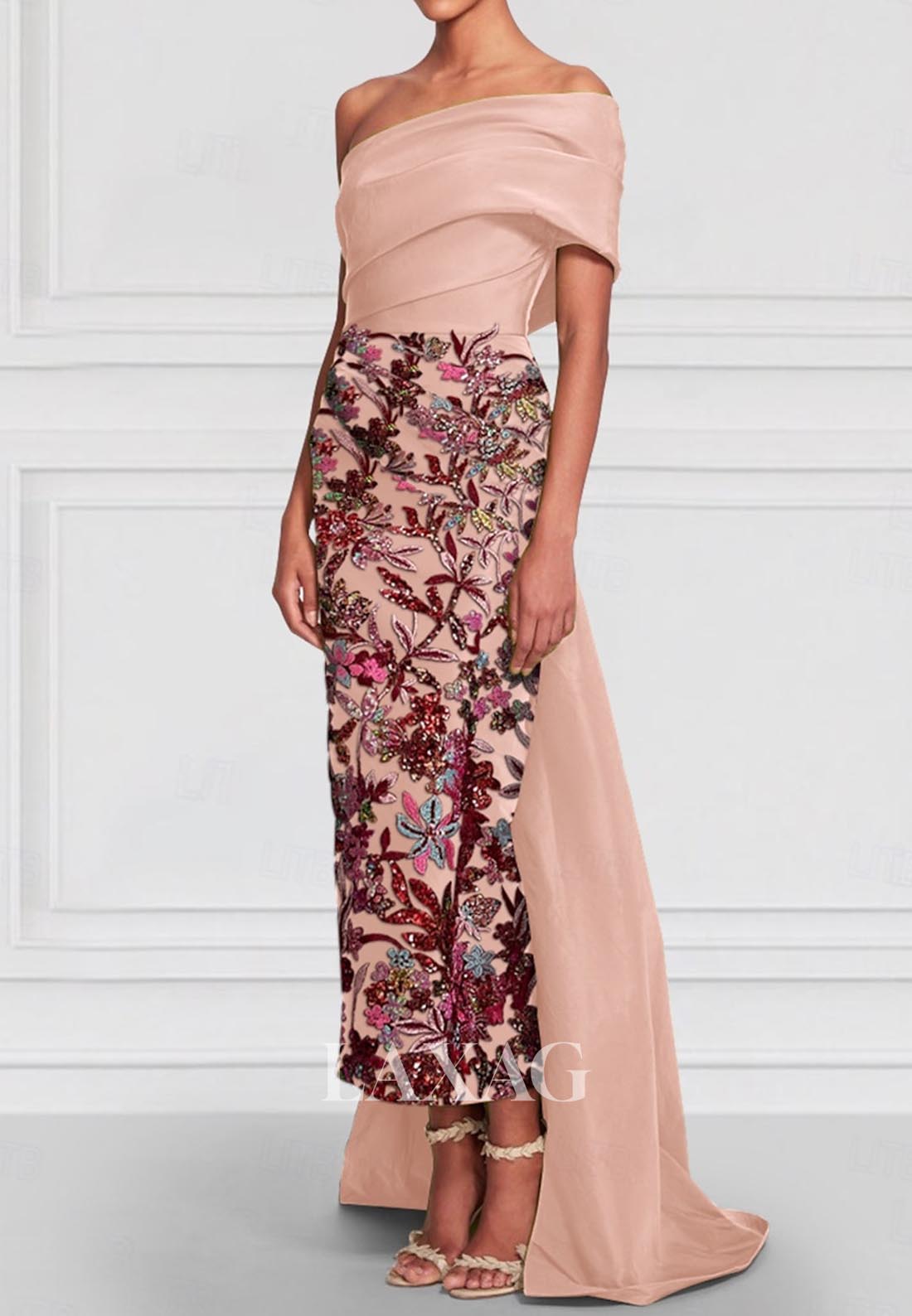 Asymmetrical-Neck Ankle-Length Mermaid Evening Gowns Floral Embroidered Sequined Formal Gowns