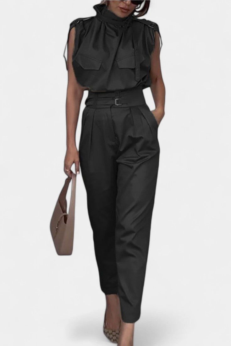 High Neck Sleeveless Top and Belted Tapered Pants Two Piece Set