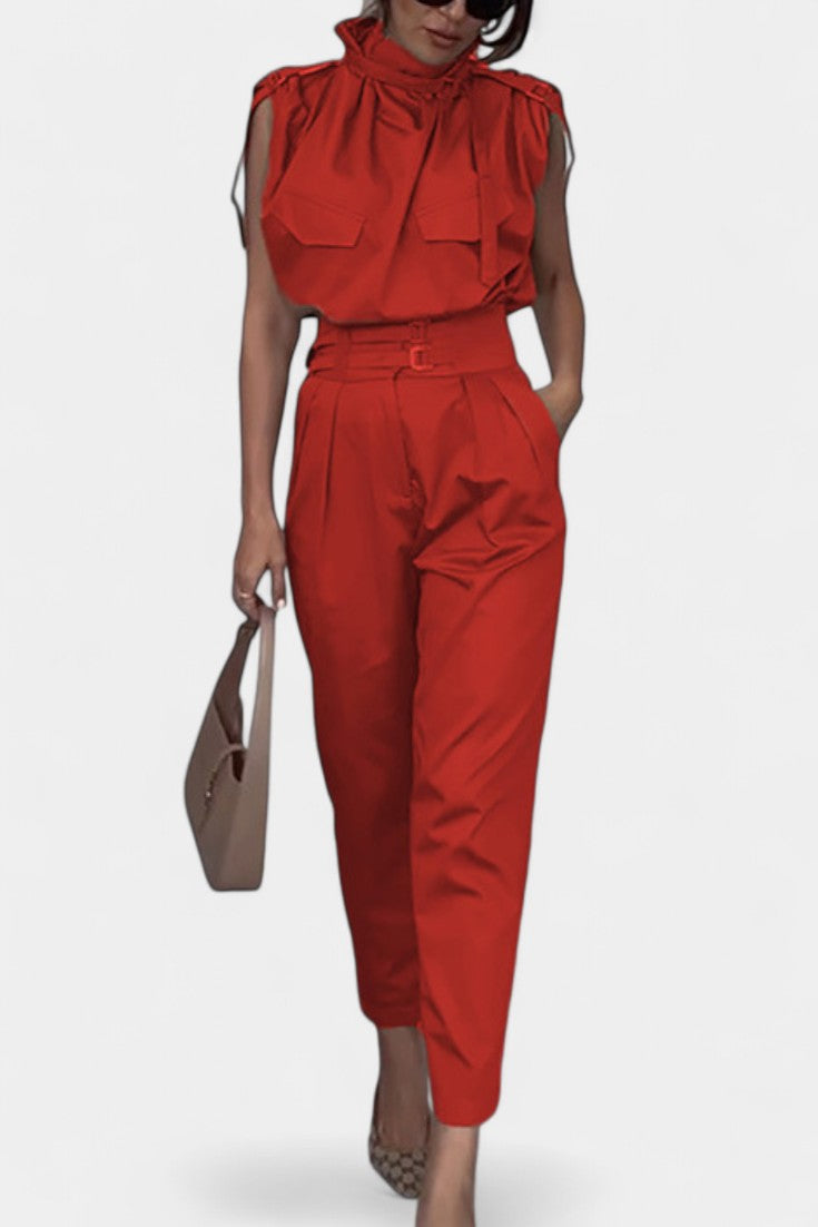 High Neck Sleeveless Top and Belted Tapered Pants Two Piece Set