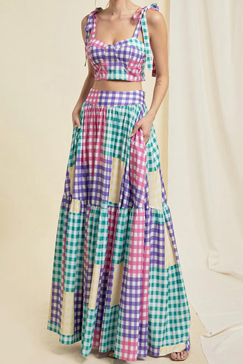 Plaid Color Block Tie Shoulder Maxi Skirt Set