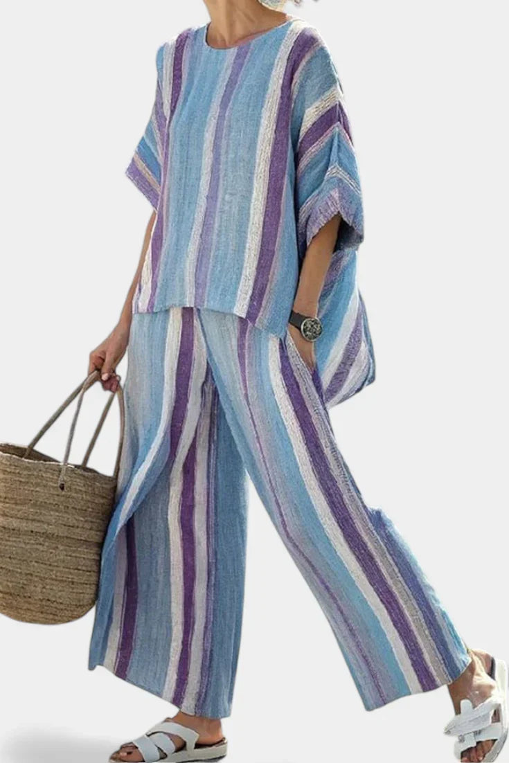 Striped Short Sleeve Top and Wide Leg Pants Two Piece Set
