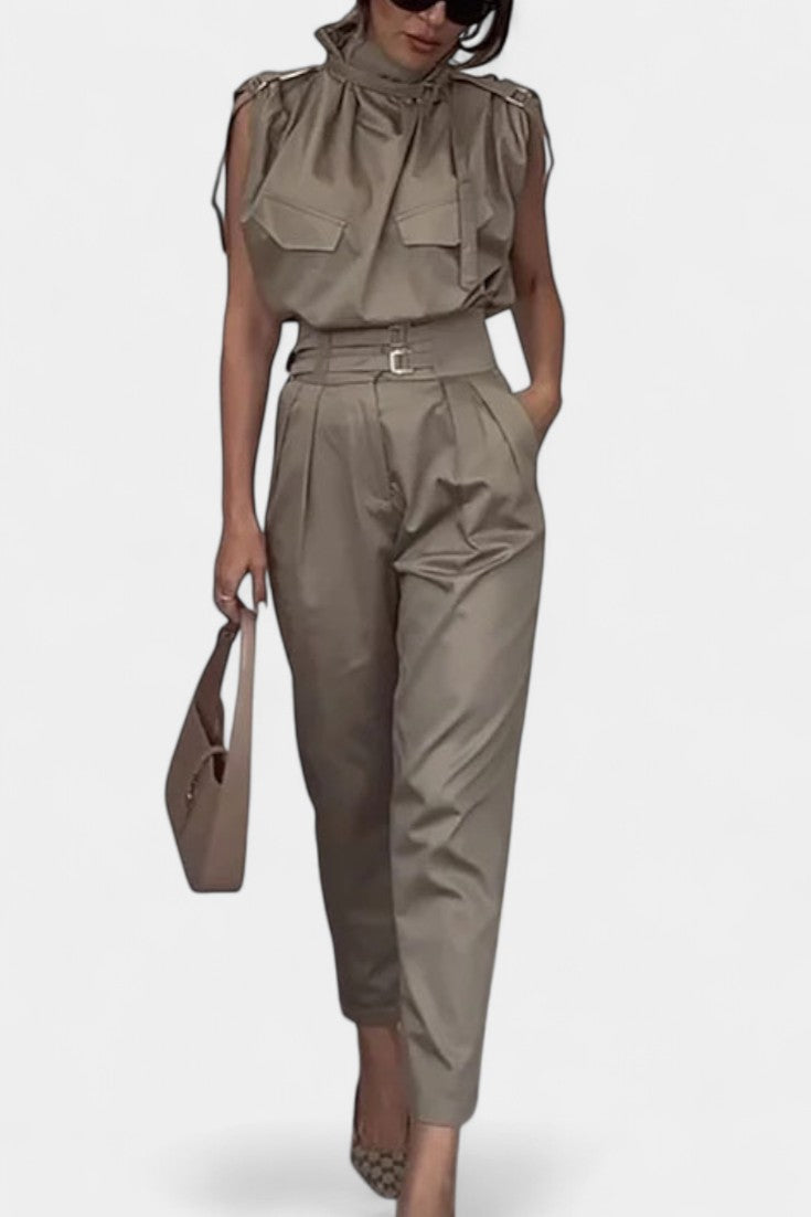 High Neck Sleeveless Top and Belted Tapered Pants Two Piece Set