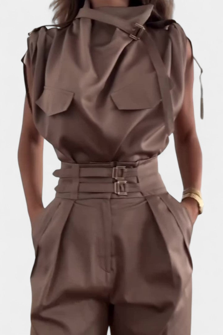 High Neck Sleeveless Top and Belted Tapered Pants Two Piece Set