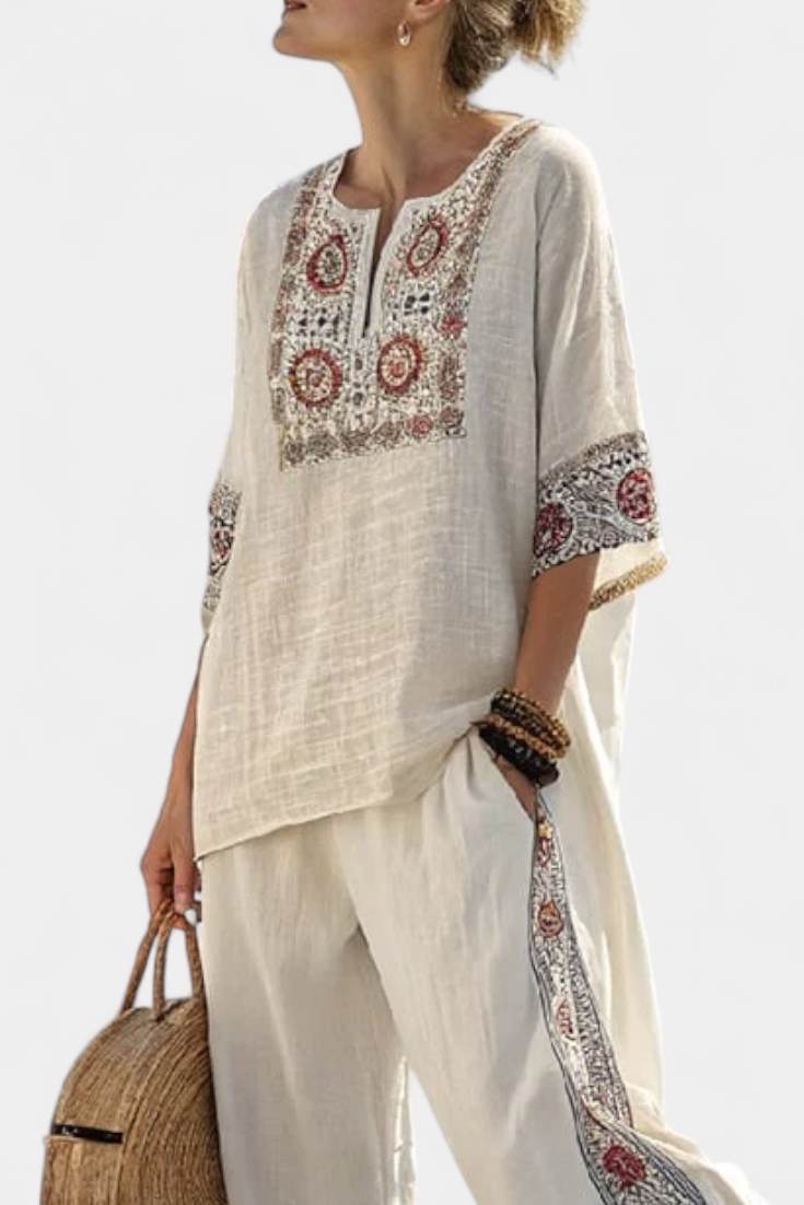 Embroidered Trim V-Neck Tunic Top and Wide Leg Pants Two Piece Set