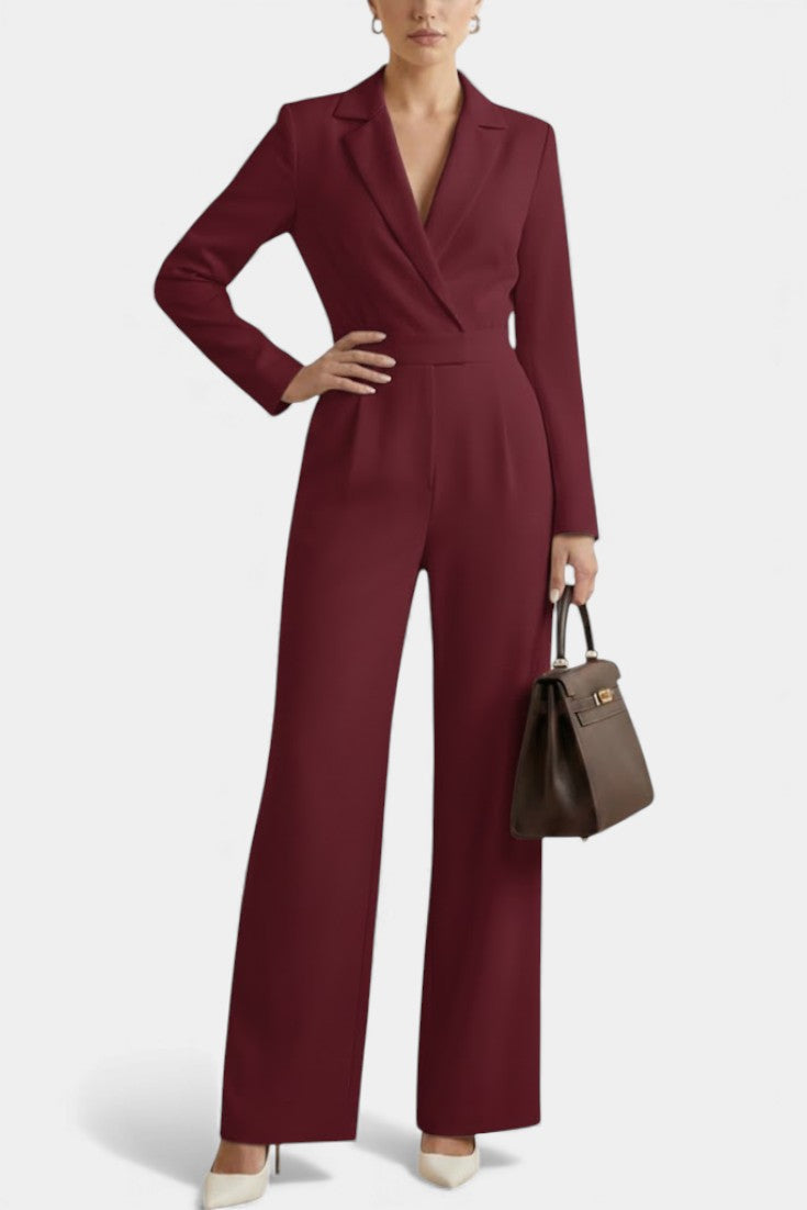 Notch Lapel Wrap Long Sleeve Wide Leg Jumpsuit
