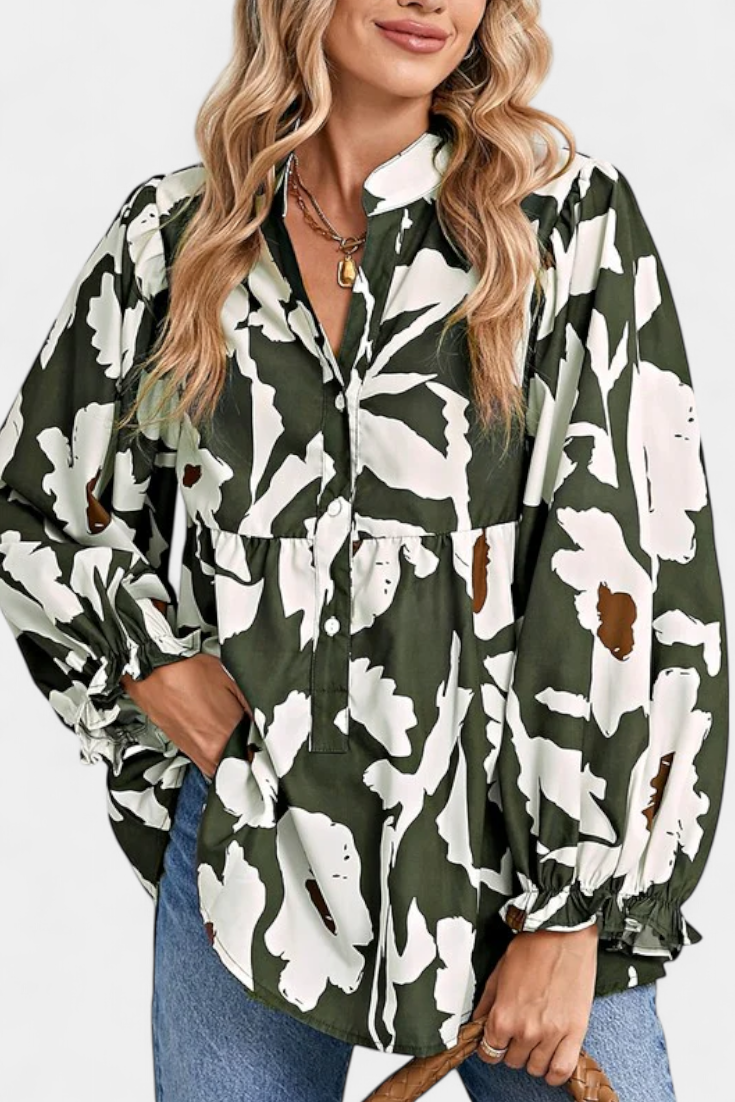 Abstract Floral Notch Neck Puff Sleeve Peplum Blouse
